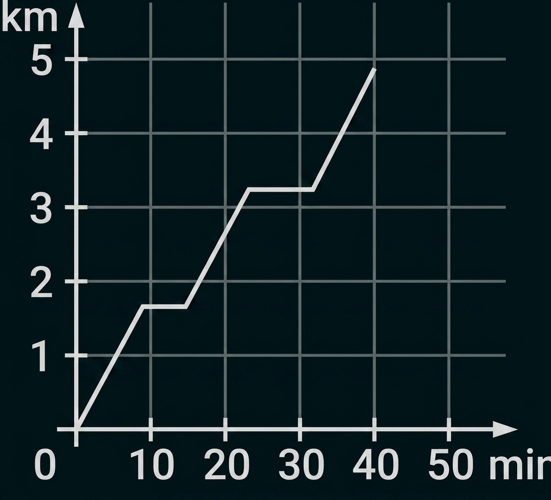 Liniendiagramm mit zurückgelegter Strecke in km über die Zeit in Minuten